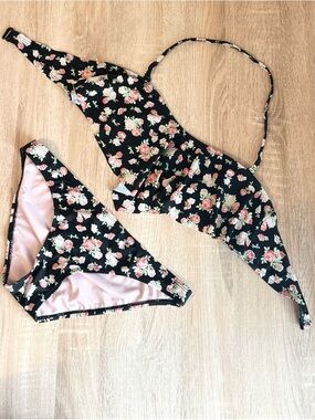 Black Floral Bikini Set Rose Print Ruffle Top